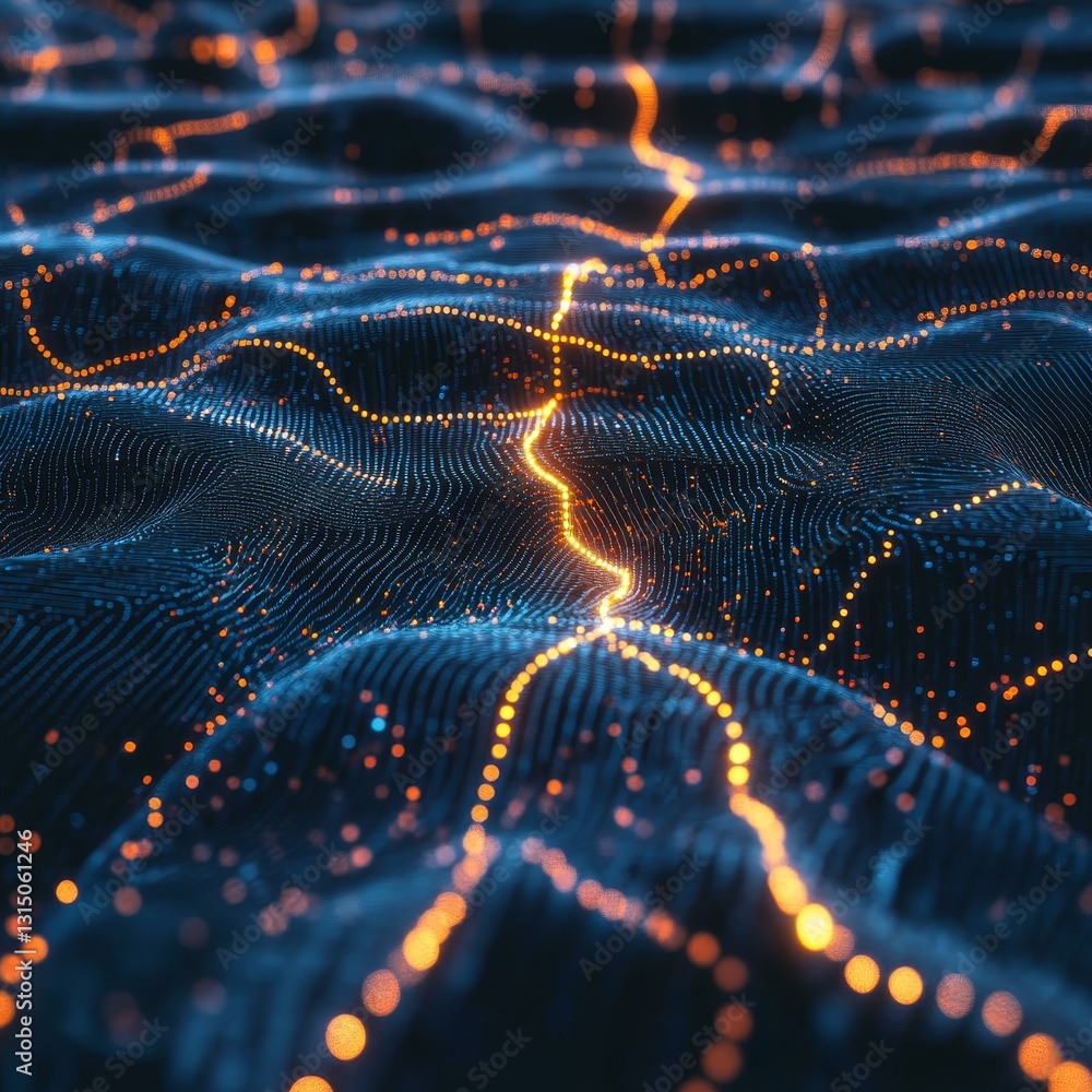 Poster vibrant abstract representation of network connections with glowing dots on a wavy surface. ideal fo