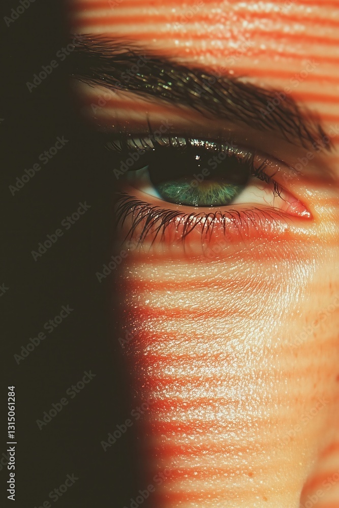 Poster close-up of a mesmerizing eye partially shadowed with sunlight casting stripes highlighting intricat