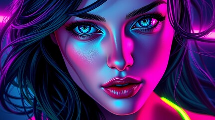 Obraz premium Cyberpunk Glamour: An ethereal woman's gaze captivates, illuminated in vibrant neon hues that evoke a sense of futuristic mystery and allure.