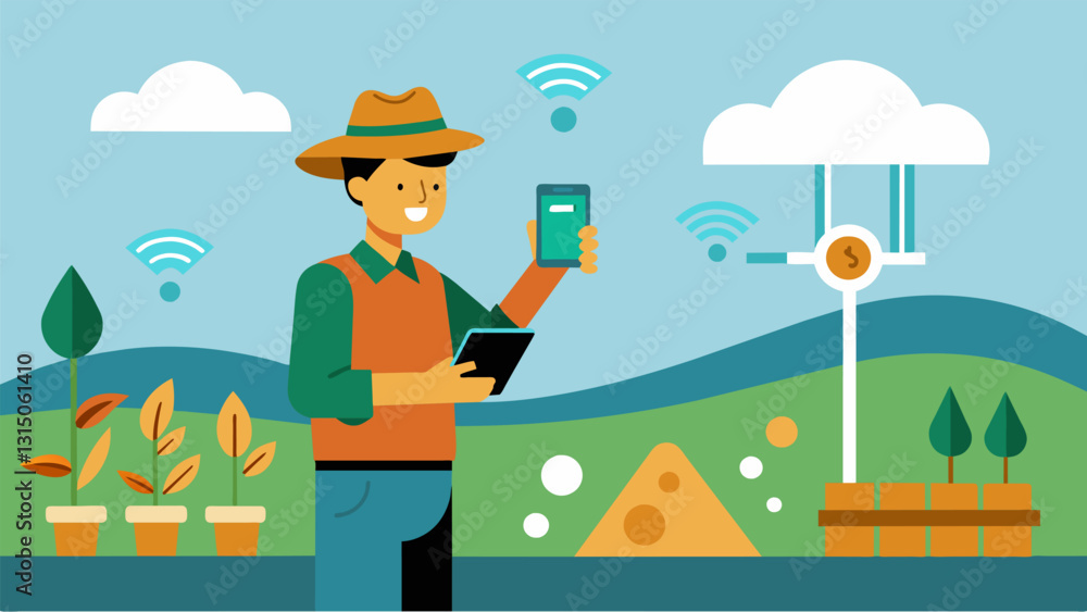 Poster soil sensors installed in agricultural areas measure moisture levels and nutrient content to inform 