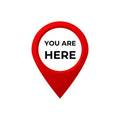 Red location pin displaying the message you are here, symbolizing navigation and spatial awareness.