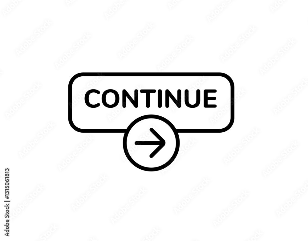 Poster simple continue button icon features bold text and a forward arrow. minimalist design for easy use.