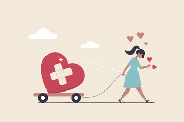 Move on or forget and forgive, open for new relationship, heal or cured from heart broken or divorce and relationship problem concept, happy woman walking with bandage repaired heart shape.