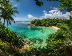 oculto en el coraz&oacute;n de una isla tropical, donde el verde follaje se entrelaza con las aguas cristalinas, creando una uni&oacute;n armoniosa entre la tierra y el mar, evocando una sensaci&oacute;n de para&iacute;so, 4k