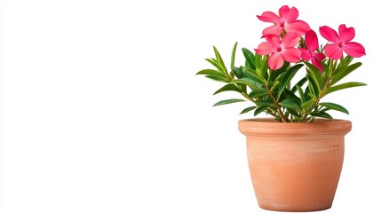 Pink Flowers in Terracotta Pot Against White Background