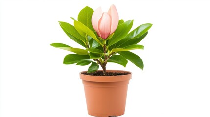 Pink Magnolia Flower in Terracotta Pot, White Background
