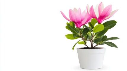 Pink Magnolia Blossoms in White Pot Against White Background