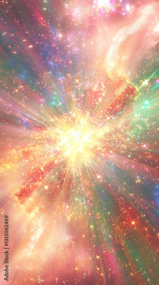 Poster a captivating cosmic explosion radiates vibrant colors and shimmering light rays, creating an enchan