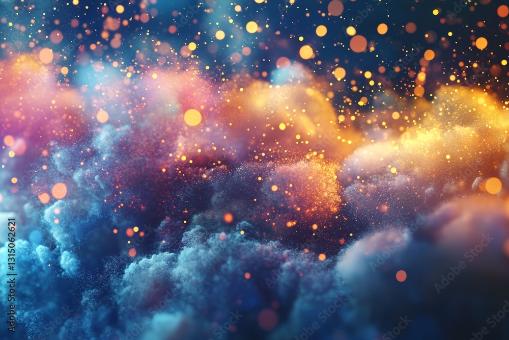 Poster an enchanting abstract background featuring soft colorful clouds and sparkling lights that evoke a s