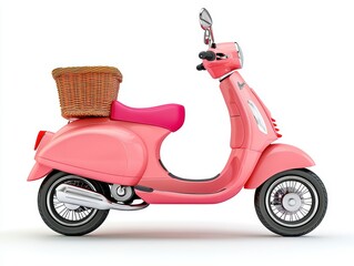 Obraz premium Pink Scooter with Wicker Basket on White Background