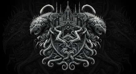 Twisted Eldritch Creatures in Gothic Arc - Surreal Heraldic Emblem