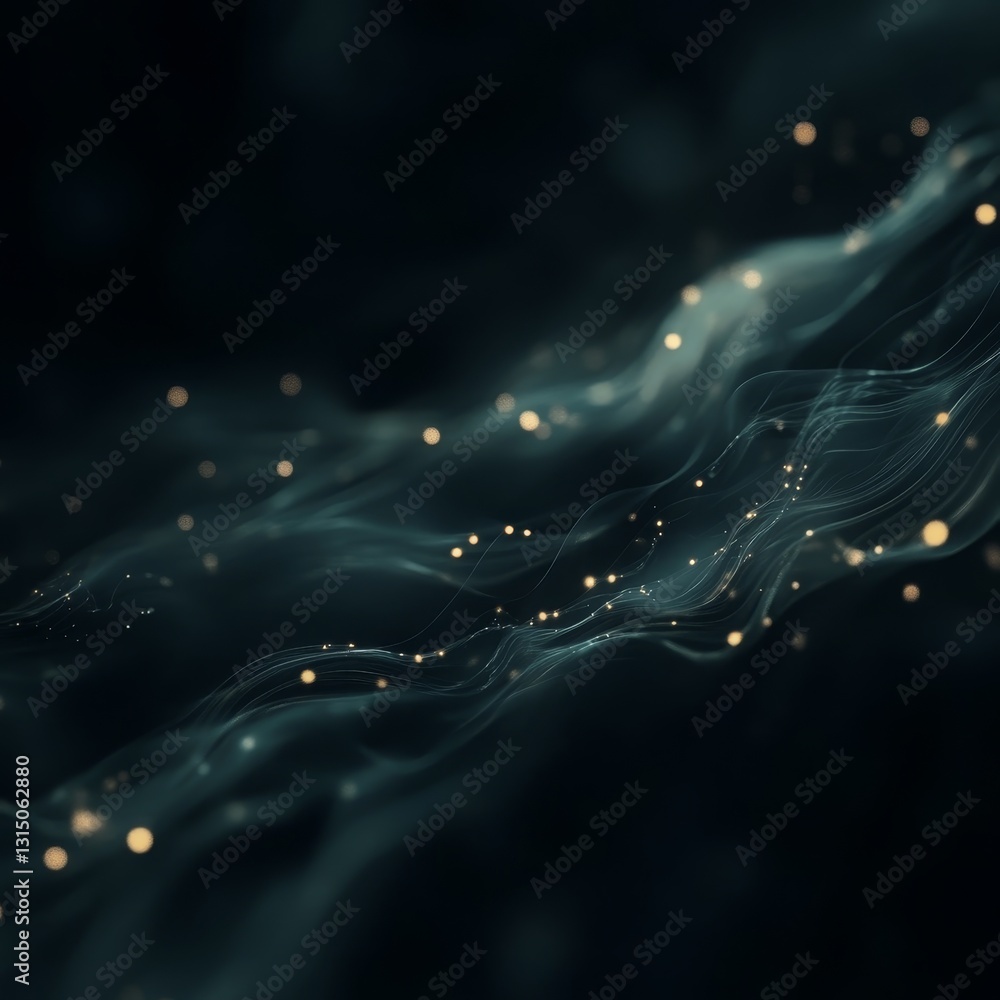 Poster this abstract image features ethereal light waves and soft particles flowing gracefully against a da
