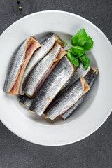 Sardines salted fish delicious gourmet food background on the table rustic food top view copy space vegetarian food pescetarian diet