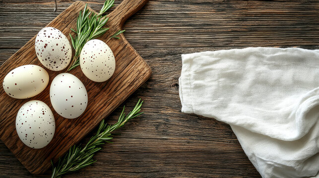 A wooden cutting board features several speckled Easter eggs arranged with fresh herbs, showcasing festive decorations perfect for spring celebrations and holiday gatherings