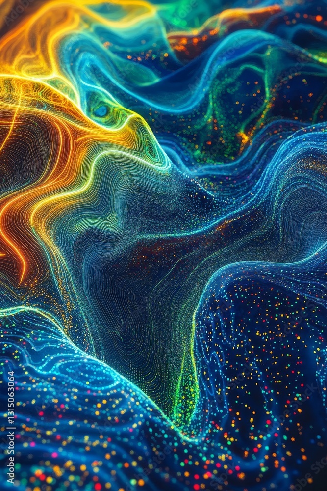 Poster discover an abstract digital artwork showcasing vibrant data flow patterns, ideal for machine learni