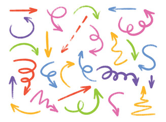 Colorful crayon arrow collection with directional pointers on white background. Hand drawn grunge chalk indicators. Pencil scribble doodle designs for infographics, presentations or education.