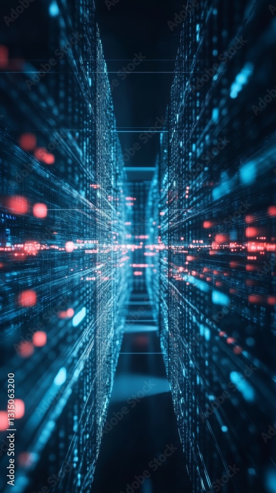 Poster this abstract image showcases a dynamic data stream illuminated by blue and red lights, creating a f
