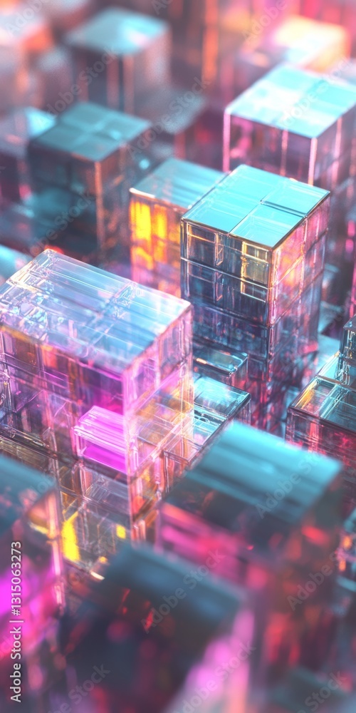 Poster an abstract scene featuring colorful transparent cubes arranged in a dynamic formation, showcasing m
