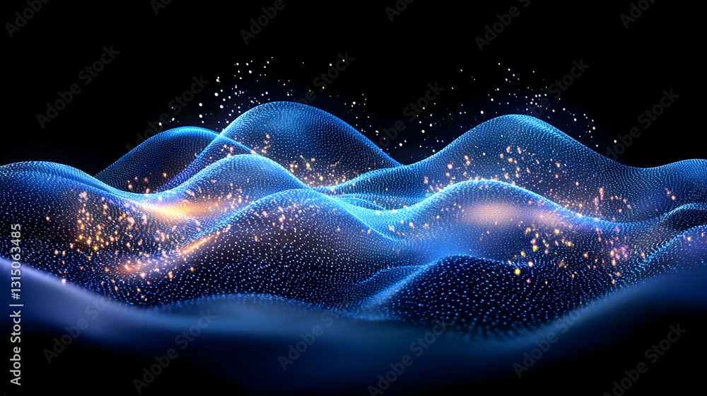 Poster abstract blue particle waves with orange yellow sparkles flowing in a dark background with a digital