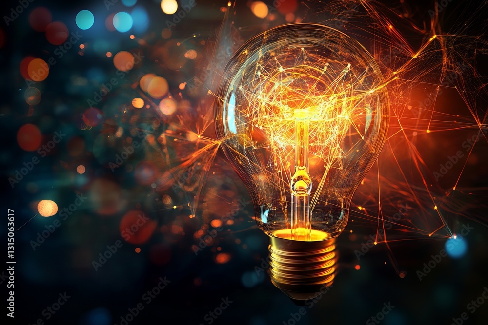 Poster a glowing light bulb is surrounded by a web of lines and dots. concept of energy and excitement, as 
