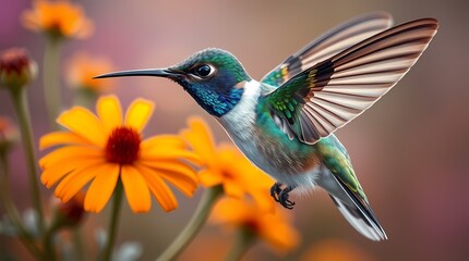 Fototapeta premium Hummingbird's Floral Flight: Capturing a hummingbird in mid-flight, showcasing its vibrant feathers, hovering near orange flowers, set against a softly blurred, colorful background. 