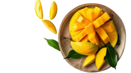 Fresh mango fruit slices served on wooden plate with transparent background
