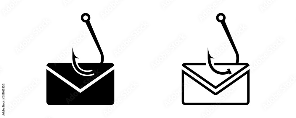 Poster two simple icons of envelopes with hooks, symbolizing the concept of phishing in cybersecurity.