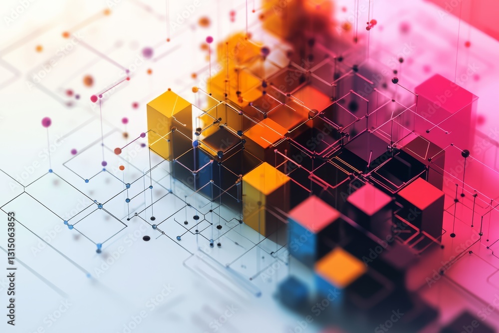 Poster explore a vibrant and colorful abstract design featuring 3d blocks intertwined with geometric lines,