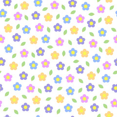Simple flowers in random order seamless pattern, repeat floral ornament, hand drawn vector illustration for textile, fabric, gift paper, fashion print, Easter, spring holidays decor