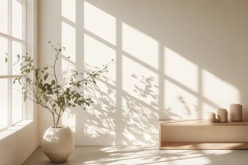 potted houseplant casting shadows on sunlit wall, creating cozy atmosphere. natural lighting and minimalist home decor. interior design, lifestyle poster with copy space. real estate