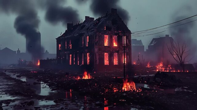 Destruction in a war-torn city with burning buildings and dark smoke during a tumultuous evening