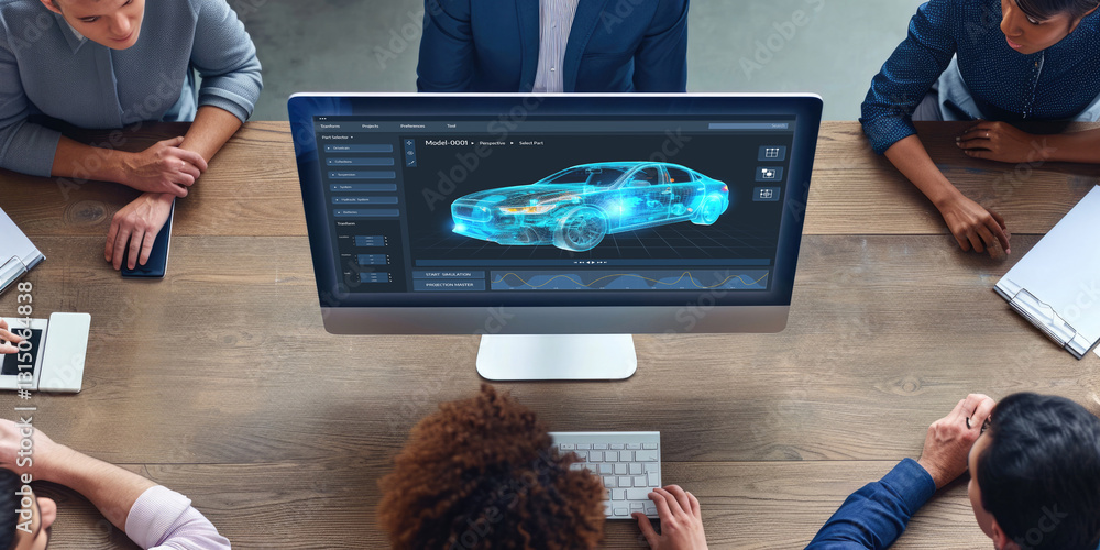 Poster electric car design software on computer screen showing simulation blueprint brisk by digital calcul