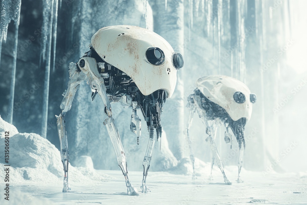 Poster two robots are walking in a snowy forest. the robots are white and have a creepy appearance. scene i