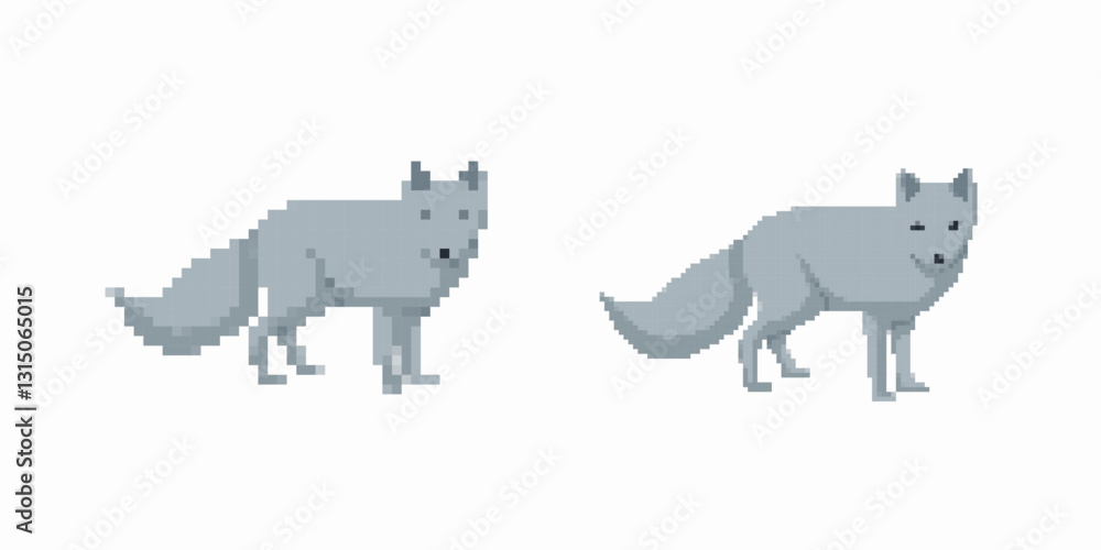 Poster two wolves in pixel art style with grey tones, showcasing distinct designs and simple features.