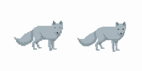 Two wolves in pixel art style with grey tones, showcasing distinct designs and simple features.