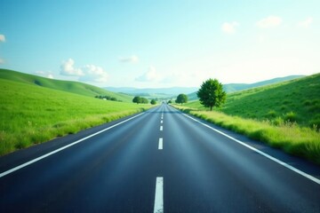 Fototapeta premium Asphalt ribbon unwinding towards a horizon of verdant hills under a tranquil sky, promising journeys and open roads ahead.