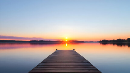 Naklejka premium Tranquil Sunset Over Calm Lake With Wooden Dock In Golden Hour Light