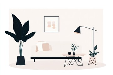 flat design illustration showcasing minimalistic living room set up with modern furniture and accessories like sleek