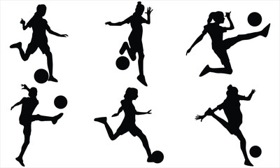set of Football, female soccer player, sports Vector silhouette on a white background