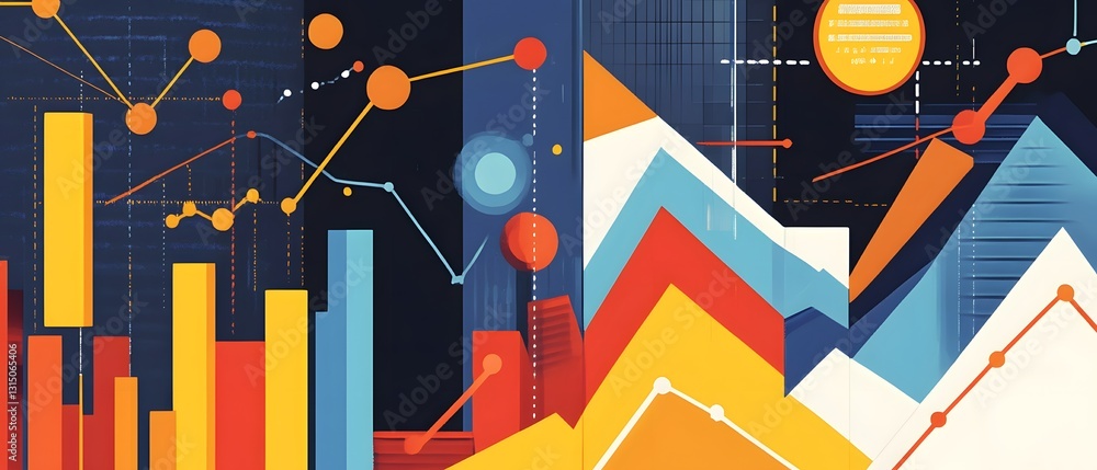 Poster an abstract illustration featuring vibrant geometric shapes and colorful data visualizations. ideal 