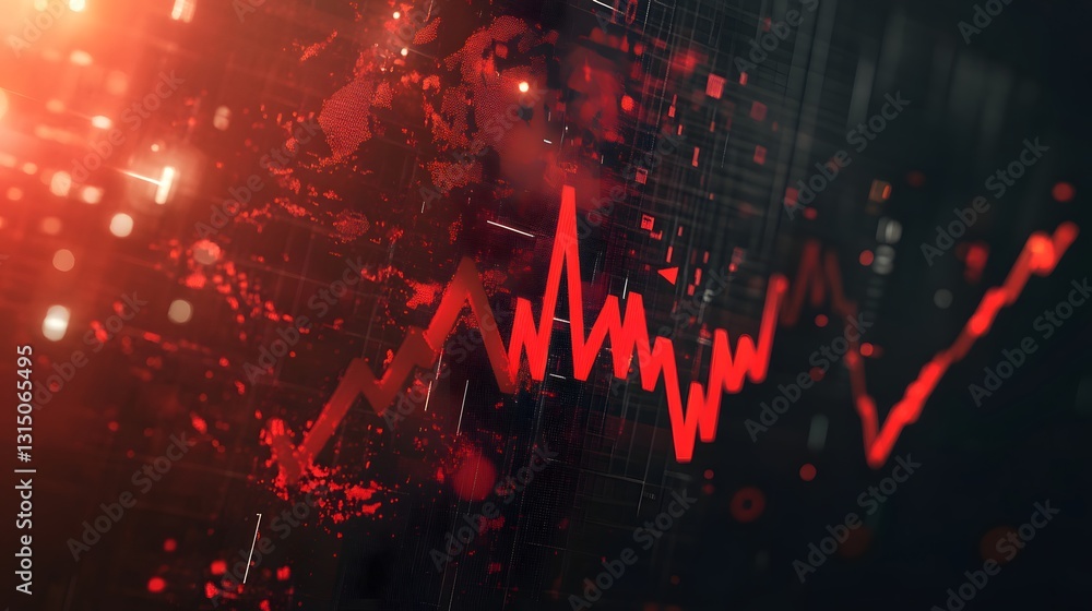 Poster an abstract representation of data analysis showcasing a fluctuating red graph on a dark background,