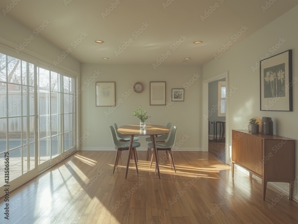 Poster bright interior with modern dining table and natural light streaming through large windows creating 