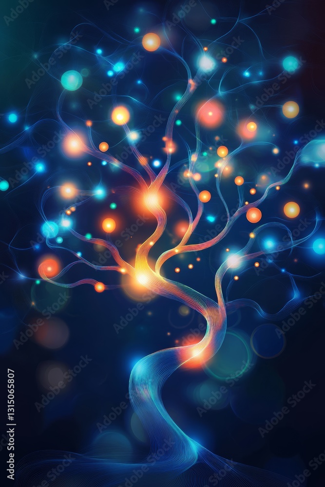 Poster a mesmerizing ethereal tree with colorful lights and glowing orbs creates a surreal atmosphere, blen