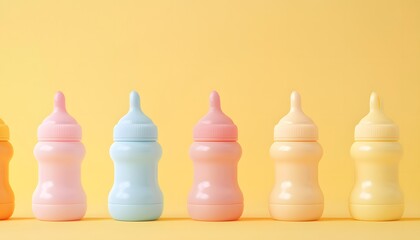 Colorful baby bottles lined up against a bright yellow background, showcasing pastel hues that evoke a cheerful and playful atmosphere, perfect for parenting or infant care themes.