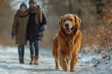 Dog walks with family on snowy path during winter afternoon in tranquil forest setting