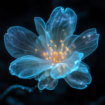 A bioluminescent alien flower with translucent petals, softly glowing in the dark