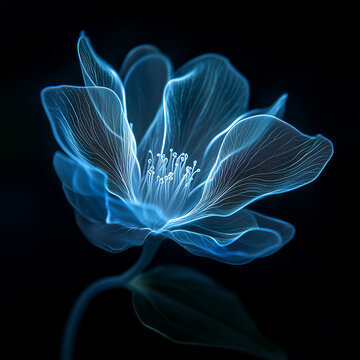 A bioluminescent alien flower with translucent petals, softly glowing in the dark