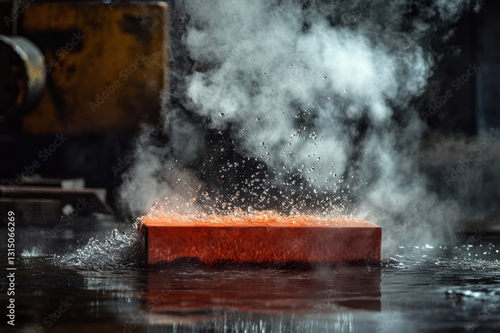 Poster red hot metal billets undergo rapid tempering in an intense steam filled workshop environment with t