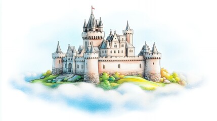 Obraz premium Fairytale Castle on Clouds Pastel Illustration