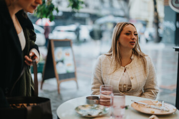 A candid moment of two women sharing a conversation during a meal in a casual cafe. The ambient and relaxed atmosphere contributes to a sense of enjoyment and connection gathered around.